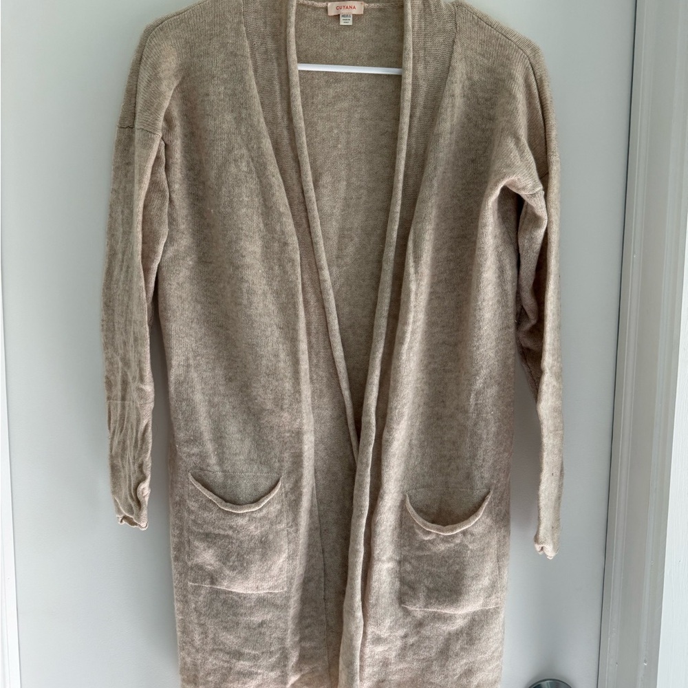 Cuyana Long Open-Front Cashmere Cardigan - Beige/Taupe M/L